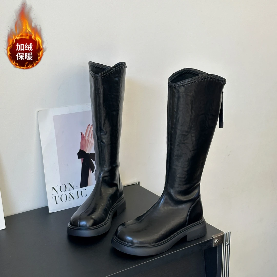 厚底复古骑士靴女2025冬季新款V口加绒长筒弹力瘦瘦靴不过膝长靴