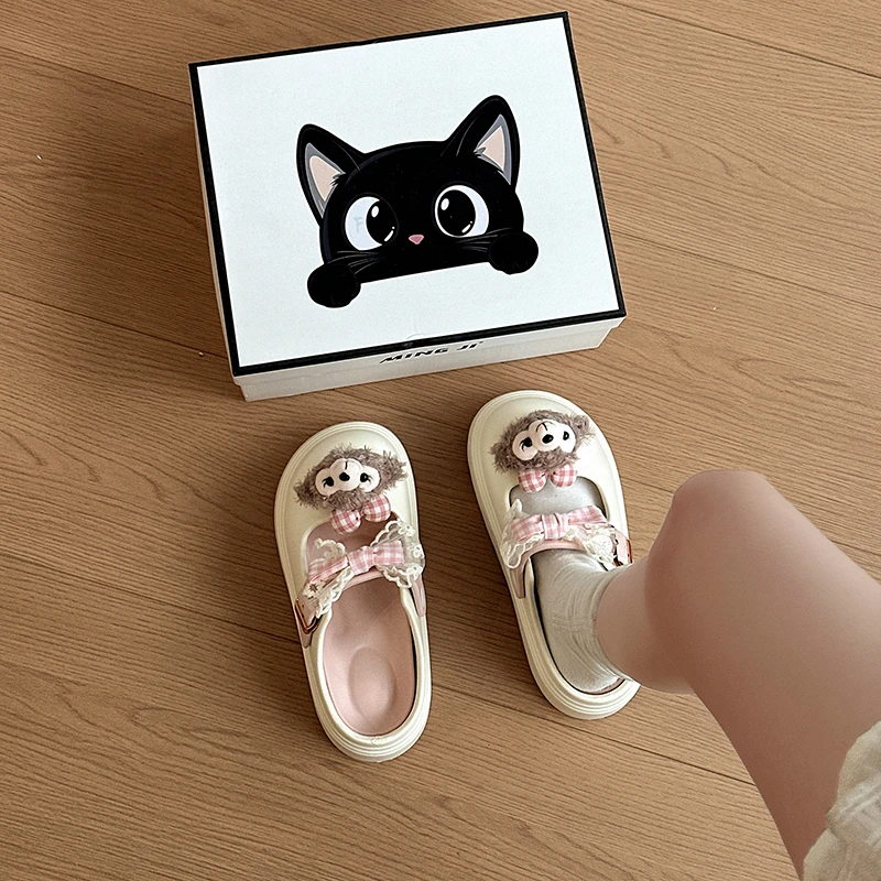 时尚甜美蝴蝶结小动物包头拖鞋女款2025夏季一字扣带凉拖鞋洞洞鞋