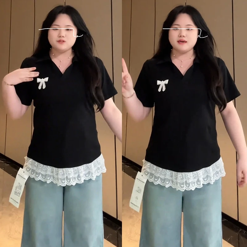 大码胖mm温柔风polo领蕾丝蝴蝶结短袖T恤女夏设计感修身显瘦上衣