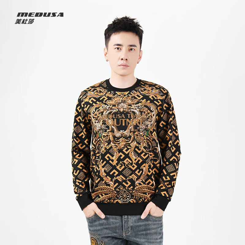 MeduSa/美杜莎卫衣男秋冬新款休闲烫钻印花男士圆领长袖上衣23163