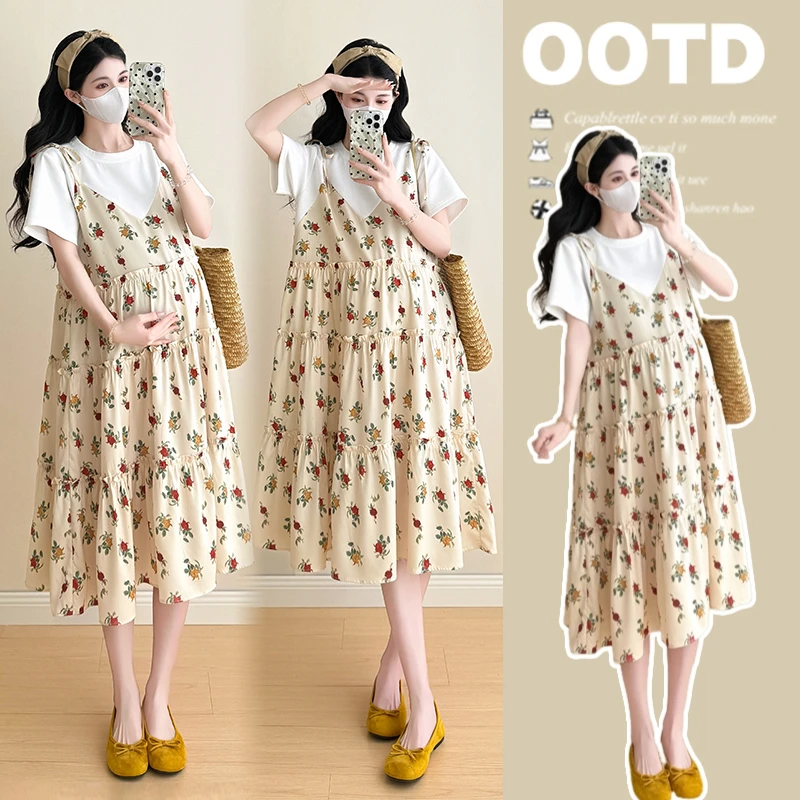 时髦孕妇装新款大码碎花显瘦气质时尚夏季款甜美印花假两件连衣裙