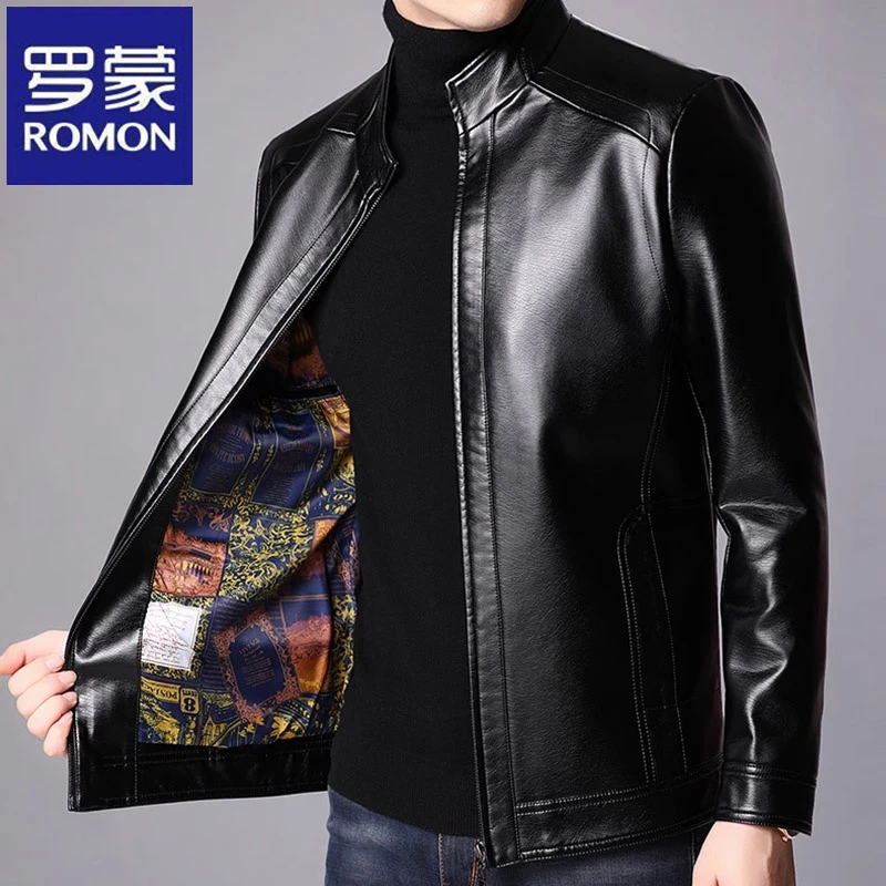 罗蒙春秋季皮衣外套休闲时尚新款翻领男士立领中青年百搭皮夹克潮