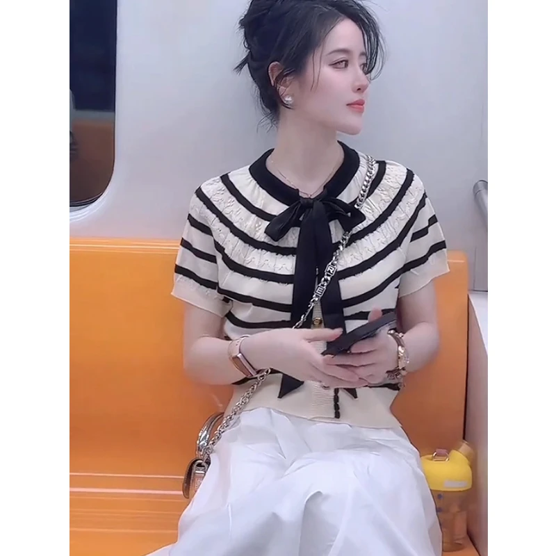 时尚优雅气质蝴蝶结系带条纹针织衫夏天薄款简约洋气短袖t恤上衣