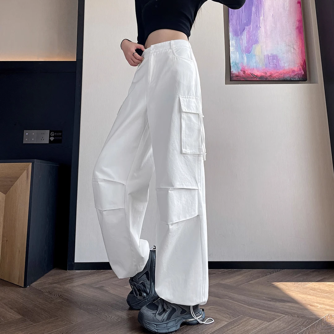 白色纯棉工装裤女款2025春秋季新款独特超好看高腰美式运动阔腿裤