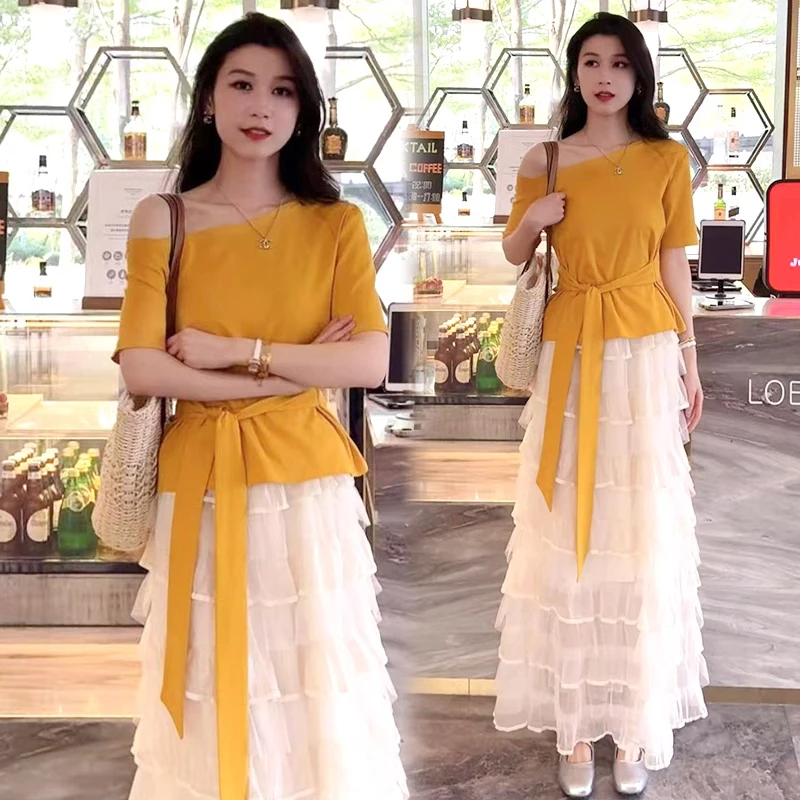 时尚连衣裙女2025夏季新款时髦洋气显瘦上衣气质网纱蛋糕裙两件套