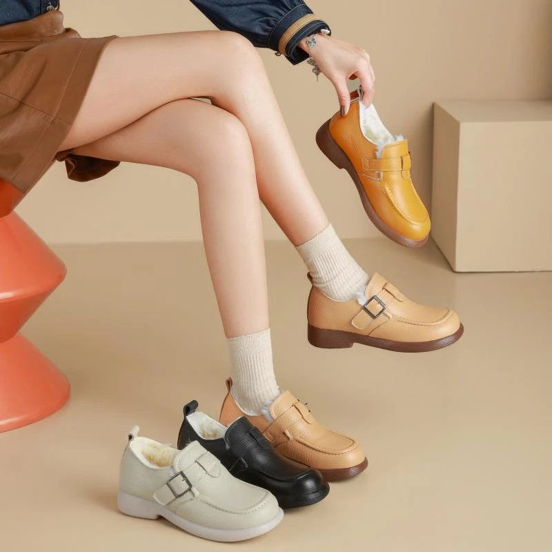 头层牛皮乐福鞋夏季深口秋季单鞋圆头厚底女鞋软底休闲英伦风平底