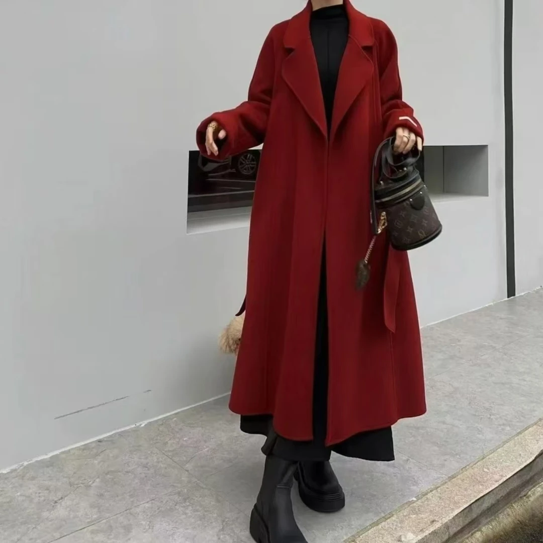 双面绒毛呢大衣女宽松呢子外套高级感小个子秋冬时尚百搭红色大衣