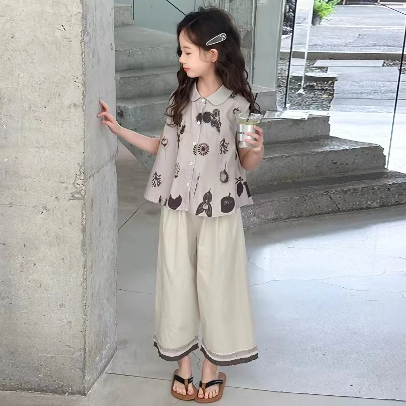女童无袖衬衫阔腿裤套装夏季2025新款洋气休闲风夏装儿童衣服薄款