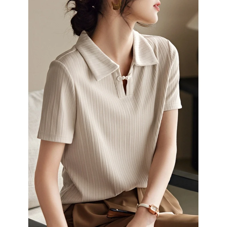 新中式气质时尚弹力短袖翻领T恤2025夏季中国风盘扣今年流行上衣