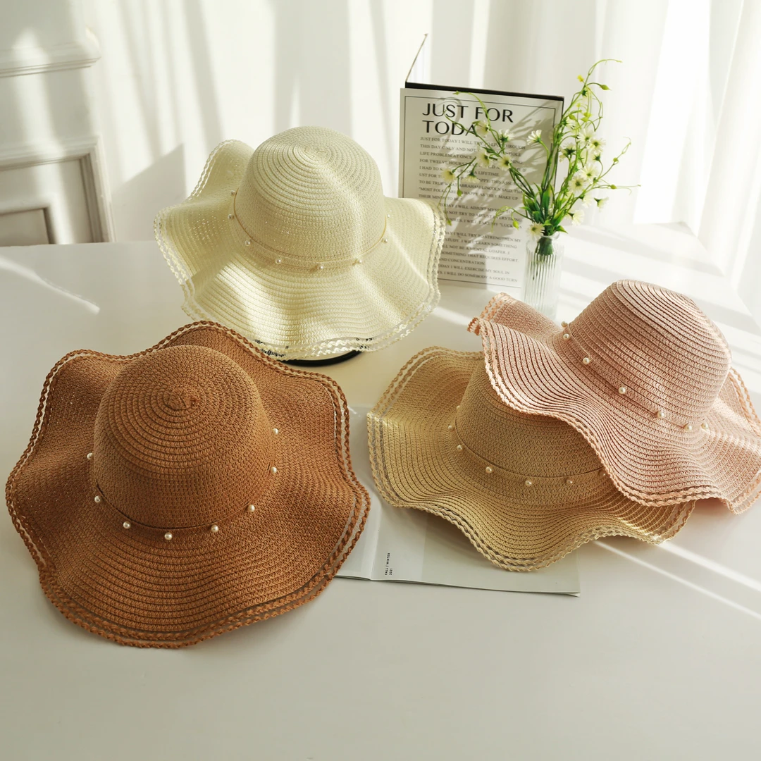 【10个装】春夏遮阳帽草帽女帽子防晒帽公主韩版百搭波浪珍珠太阳帽
