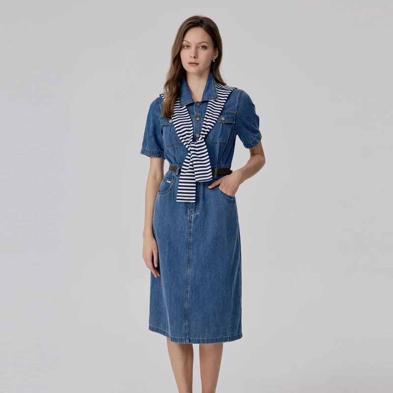 POLOWALK牛仔短袖连衣裙女夏季时尚收腰中长裙显瘦女装翻领裙子