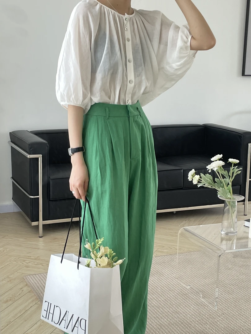 2025S/S『100棉』简约西装夏季高腰直筒垂感褶皱小众休闲裤31803