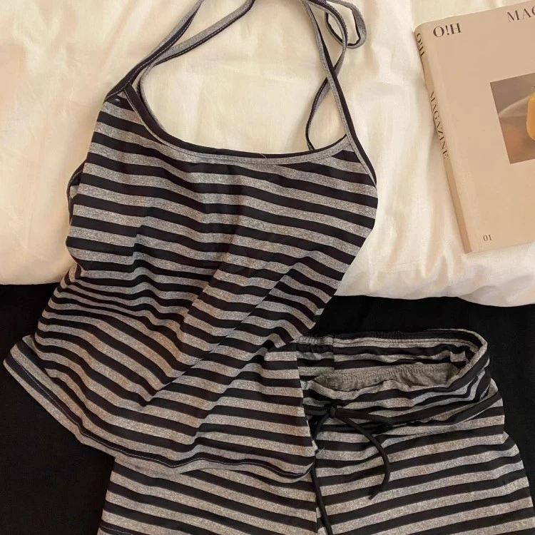 【韩系甜妹】简约条纹吊带睡衣女夏款可外穿修身背心短裤大码两件套