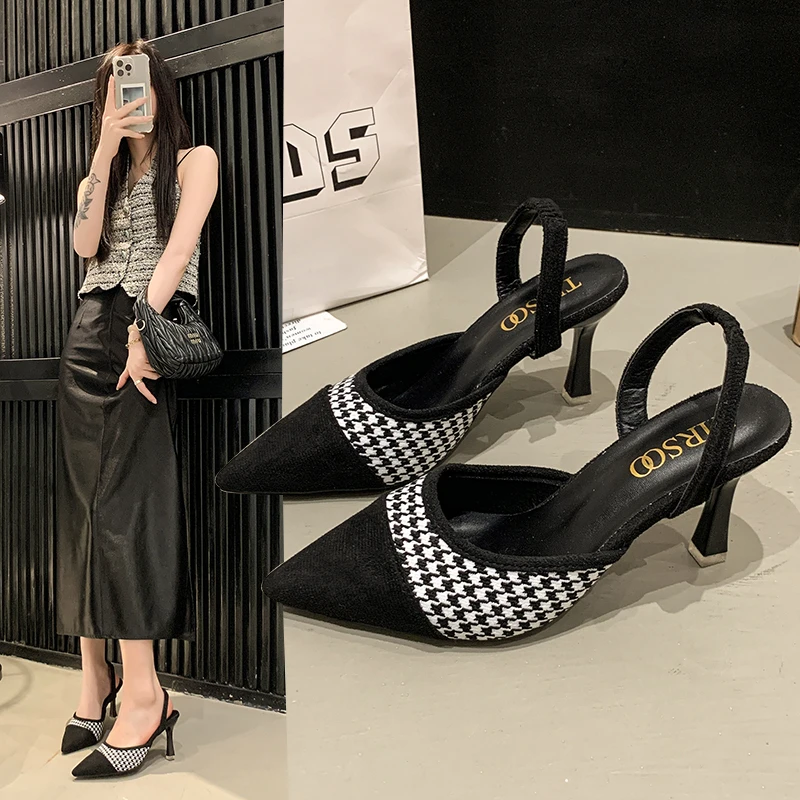 2025秋季新款经典软皮版法式性感包头高跟鞋女潮搭后跟一字带后空