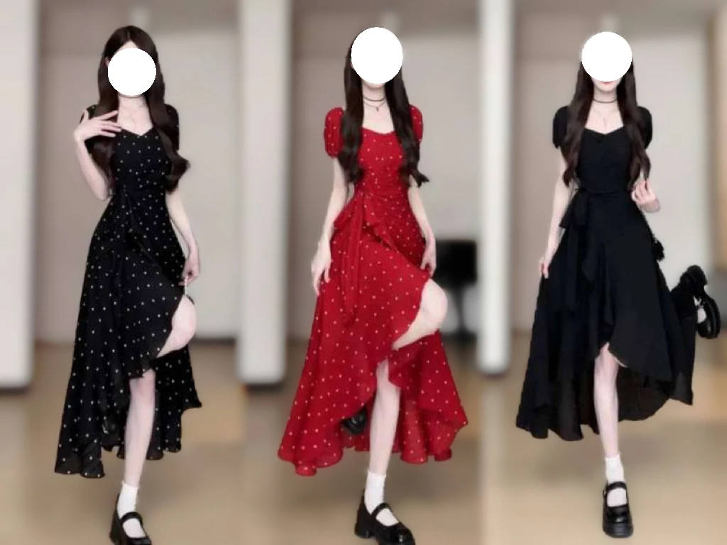 大码胖mm法式波点短袖连衣裙夏季新款约会穿搭气质不规则长裙