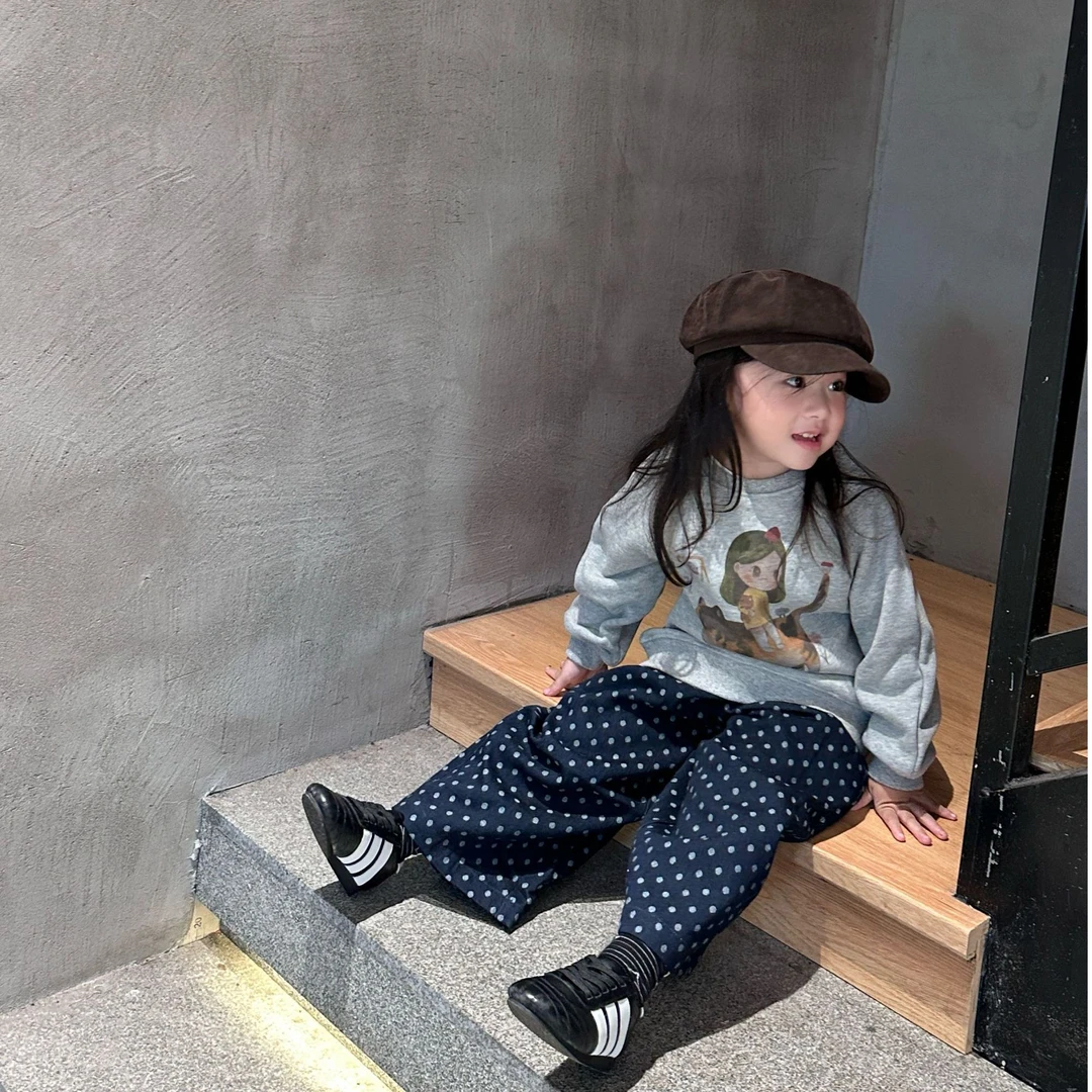 壹妈套装韩版秋季休闲风卡通灰色卫衣打底衫女童蓝色波点牛仔裤
