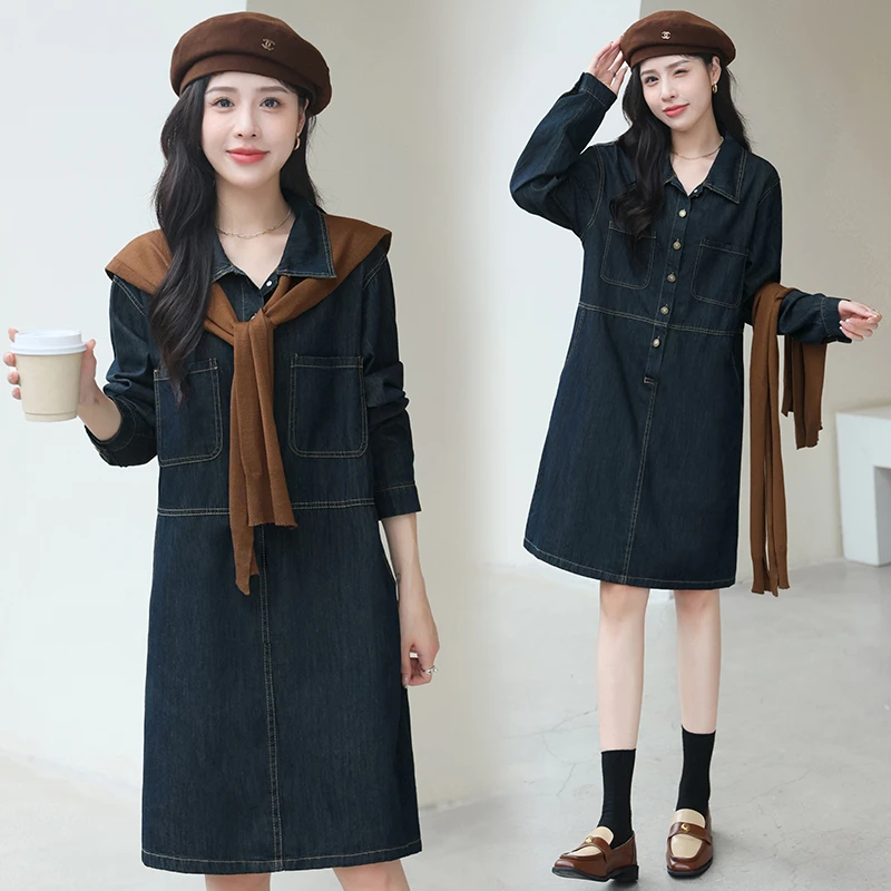 静奢风套头牛仔衬衫连衣裙女2025秋季新款常规复古港风宽松裙子潮