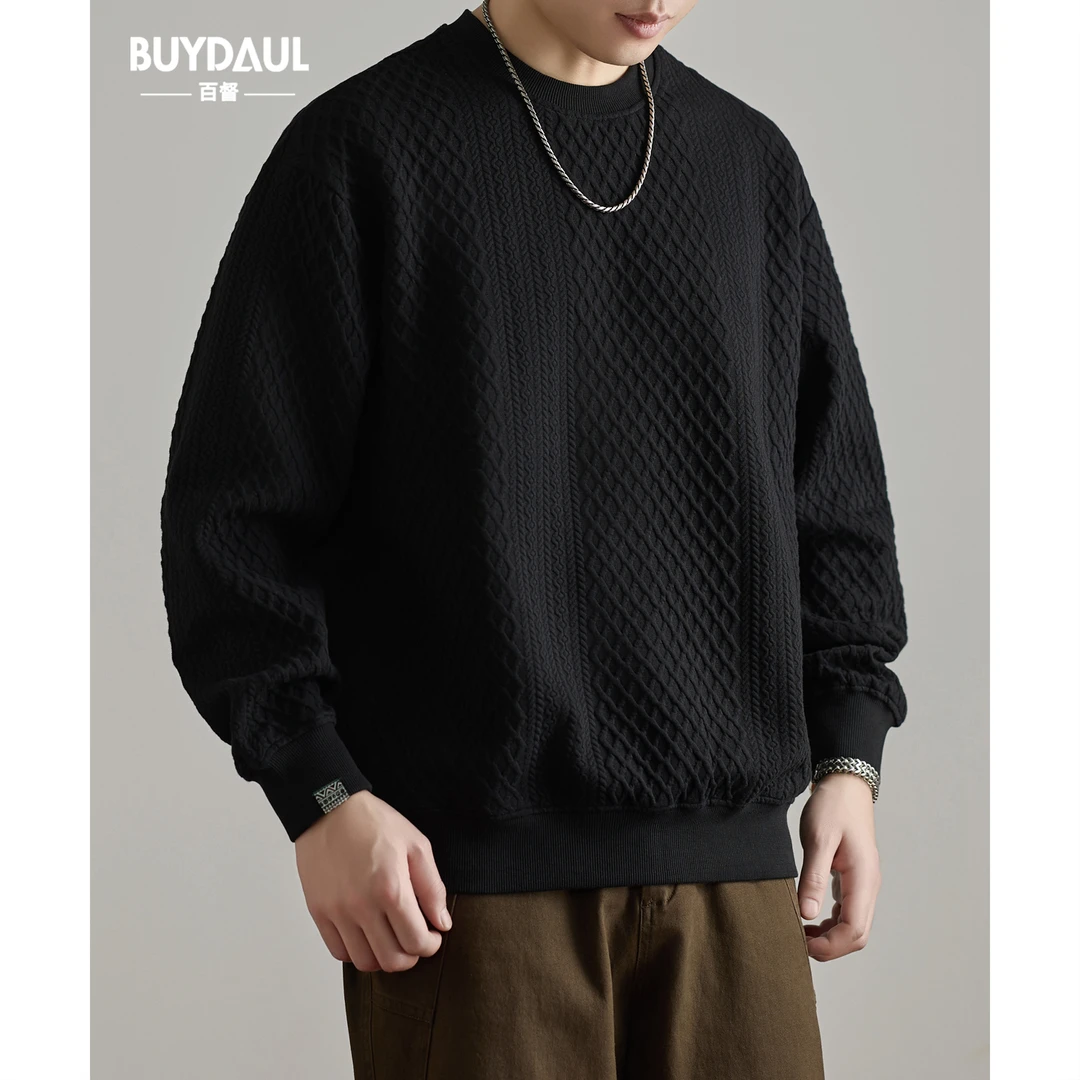 320g重磅肌理感提花圆领卫衣男士秋季新款长袖外套宽松休闲上衣服