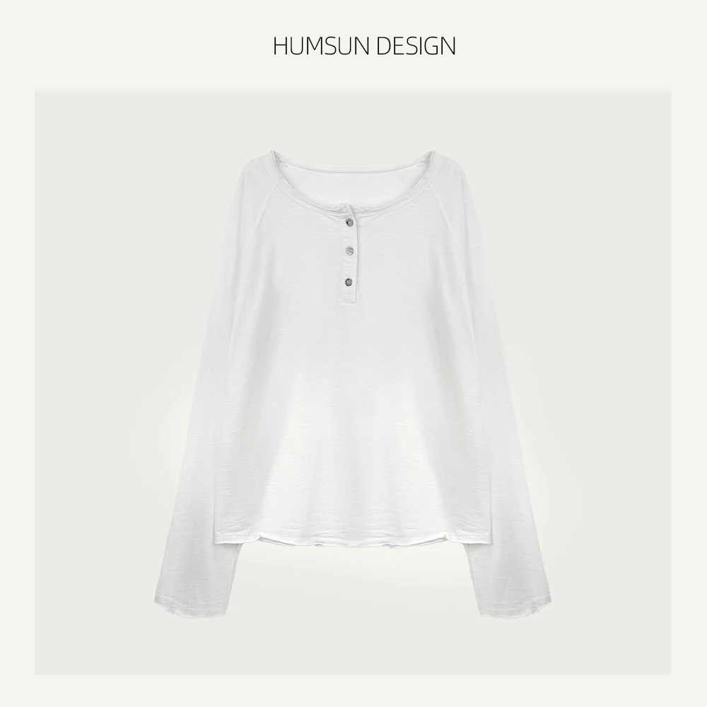 HUMSUN/禾木笙「伴夏」麻感定纺舒适秘鲁棉亨利领卷边长袖T恤 5A213