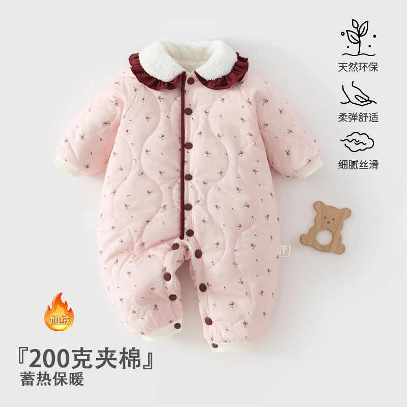 a类安阳婴童装婴儿加绒衣服碎花翻领加厚棉服宝宝连体外出服200克