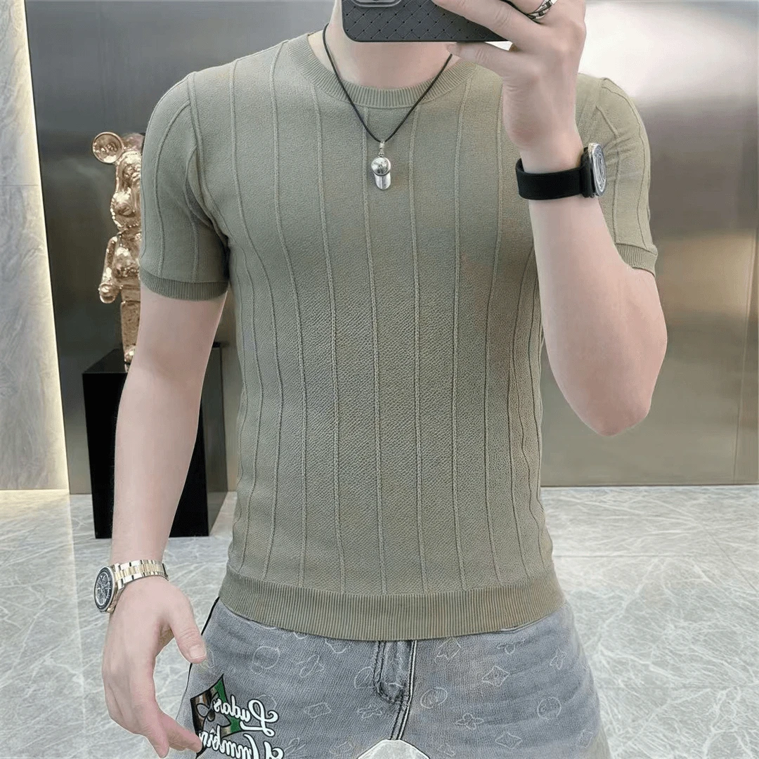 高级感男装高档短袖t恤男士圆领针织夏季半袖潮流痞帅条纹上衣