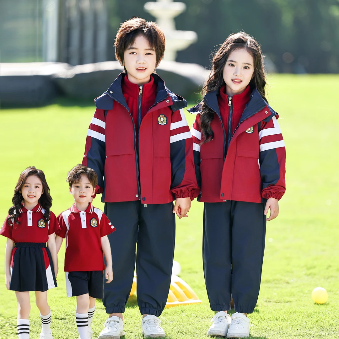 小学生班服套装秋冬装冲锋衣三件套幼儿园园服春秋季儿童校服红色