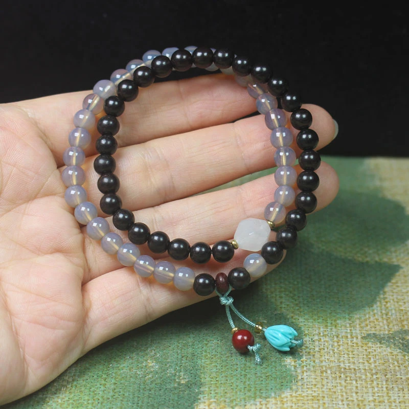 非金属木质手链 黑檀6mm双圈佛珠手链个性手串花朵吊坠款