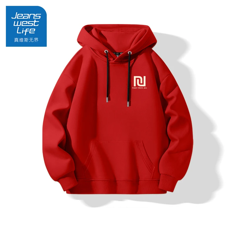 真维斯无界情侣款青少年卫衣男2025新款冬季马年红色百搭宽松长袖