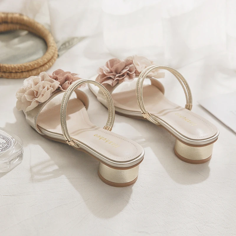 羊皮版~仙女风配裙子粗跟一字拖外出两穿凉拖鞋女夏外穿2025新款