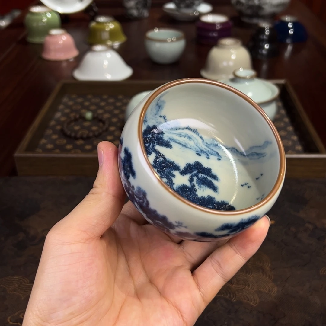 微瑕福利玉石青内外绘佛手杯