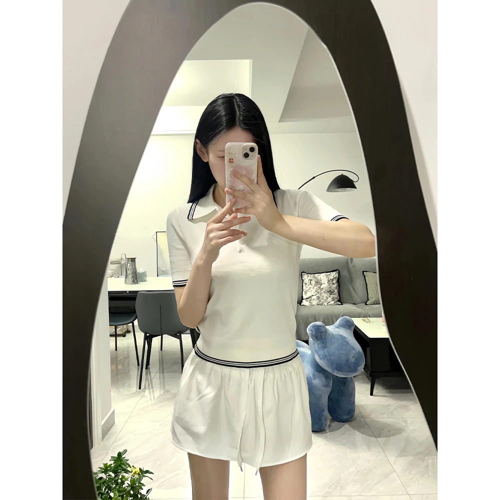 miu系撞色白色POLO领针织衫女夏季百搭短款修身显瘦正肩T恤上衣薄
