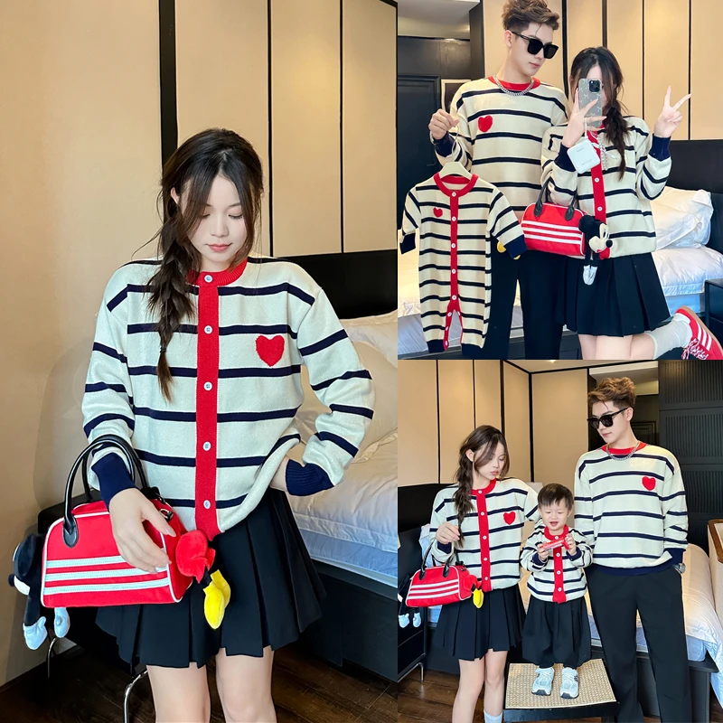 2025秋冬季新款条纹针织衫毛衣开衫亲子装全家装一家三口四口8867