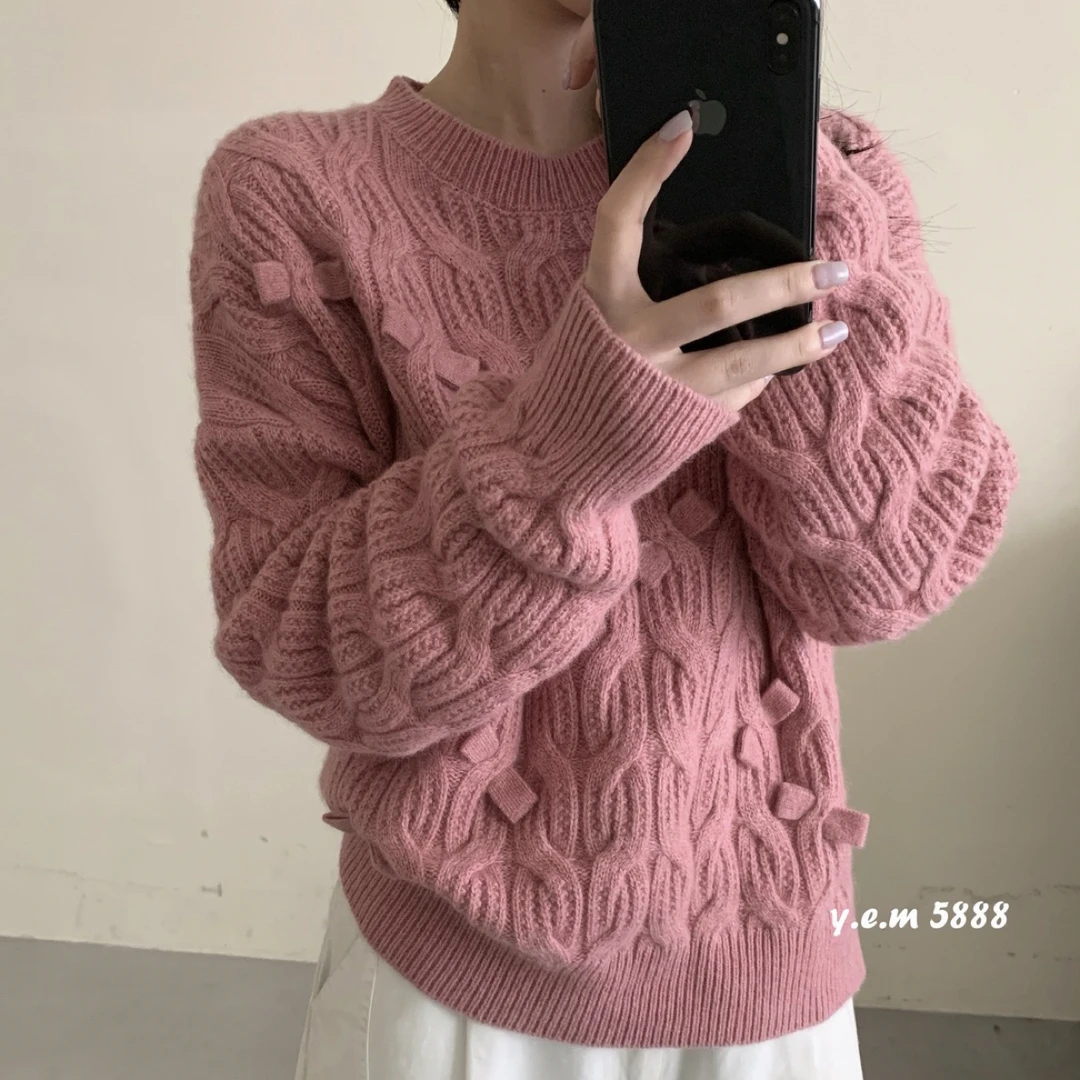 【贝希】5888蝴蝶结圆领麻花编织毛衫