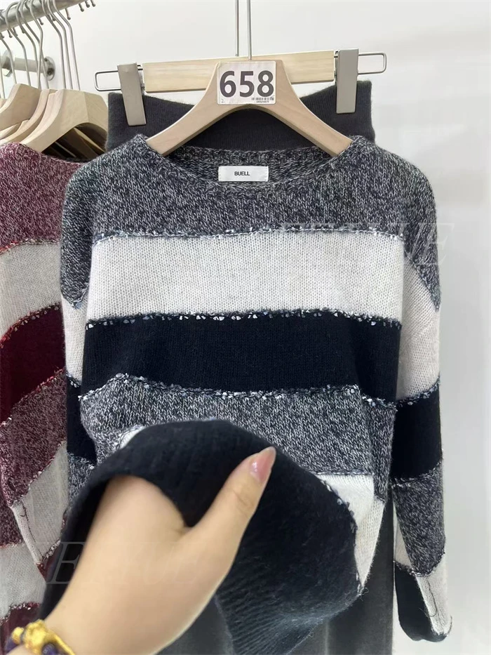 软糯宽条纹圆领长袖羊毛衫女韩版休闲绵羊毛混纺针织衫毛衣秋冬