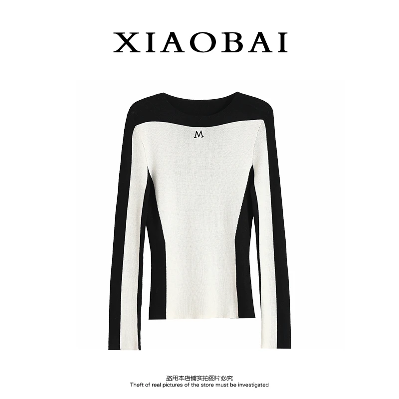 XIAOBAI 双色薄款针织衫早秋新款显瘦复古时尚毛针织长袖修身上衣