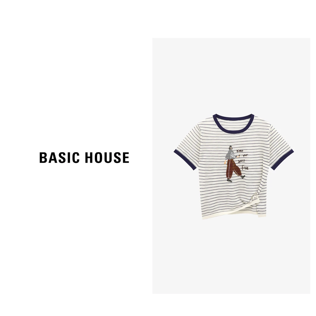 Basic House/百家好夏季纯欲拼接条纹百搭断续针织衫-B0625B5Z592