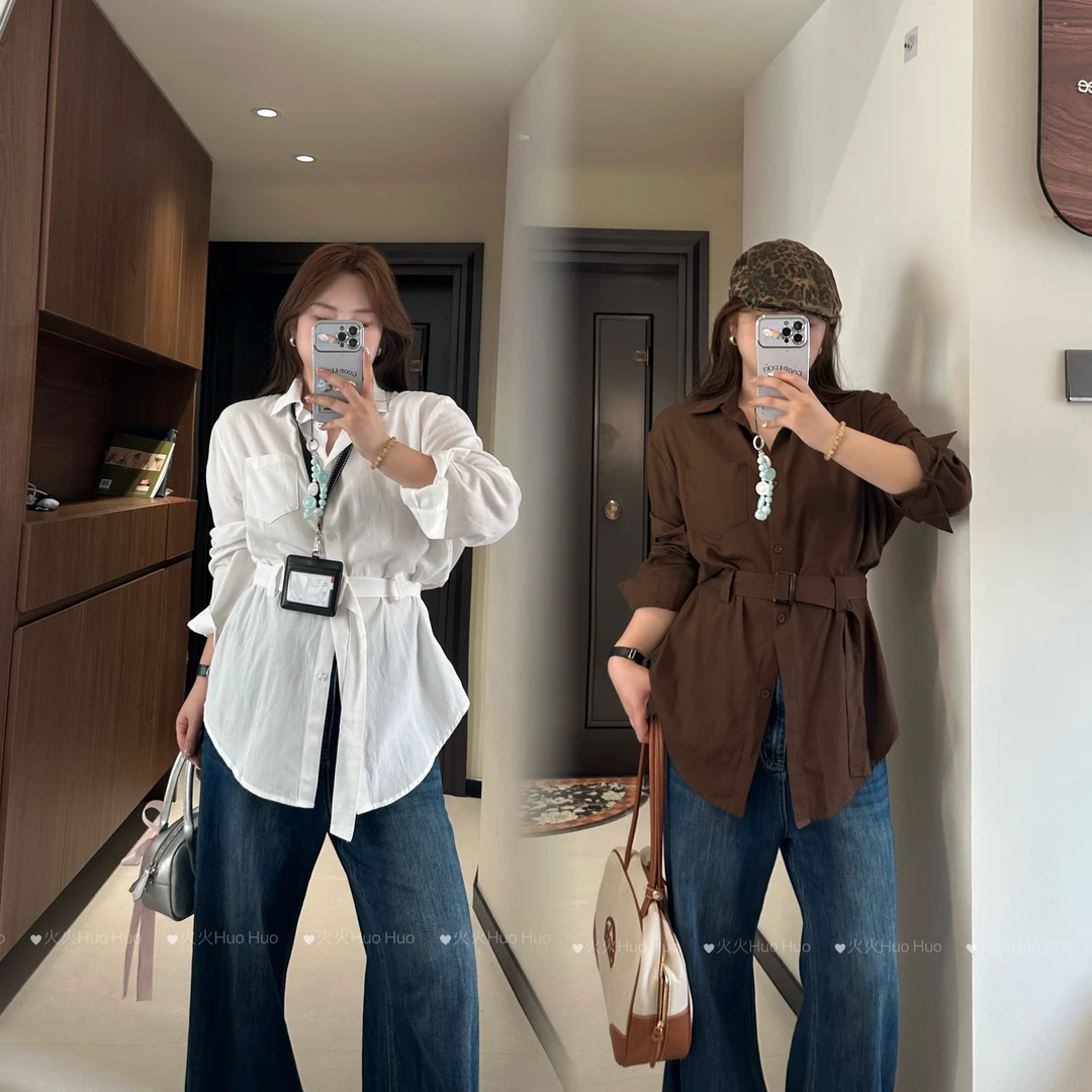 胖MM法式复古衬衫女秋季新款绑带收腰显瘦设计感别致衬衣 0039
