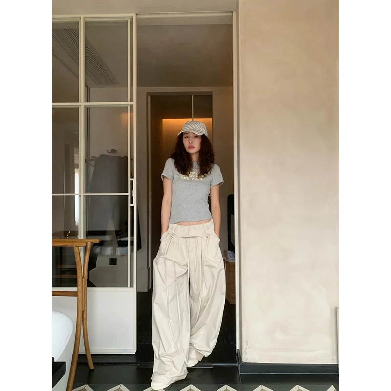 正肩辣妹掐腰时髦气质设计款上衣圆领T恤百搭抽绳休闲阔腿裤长裤