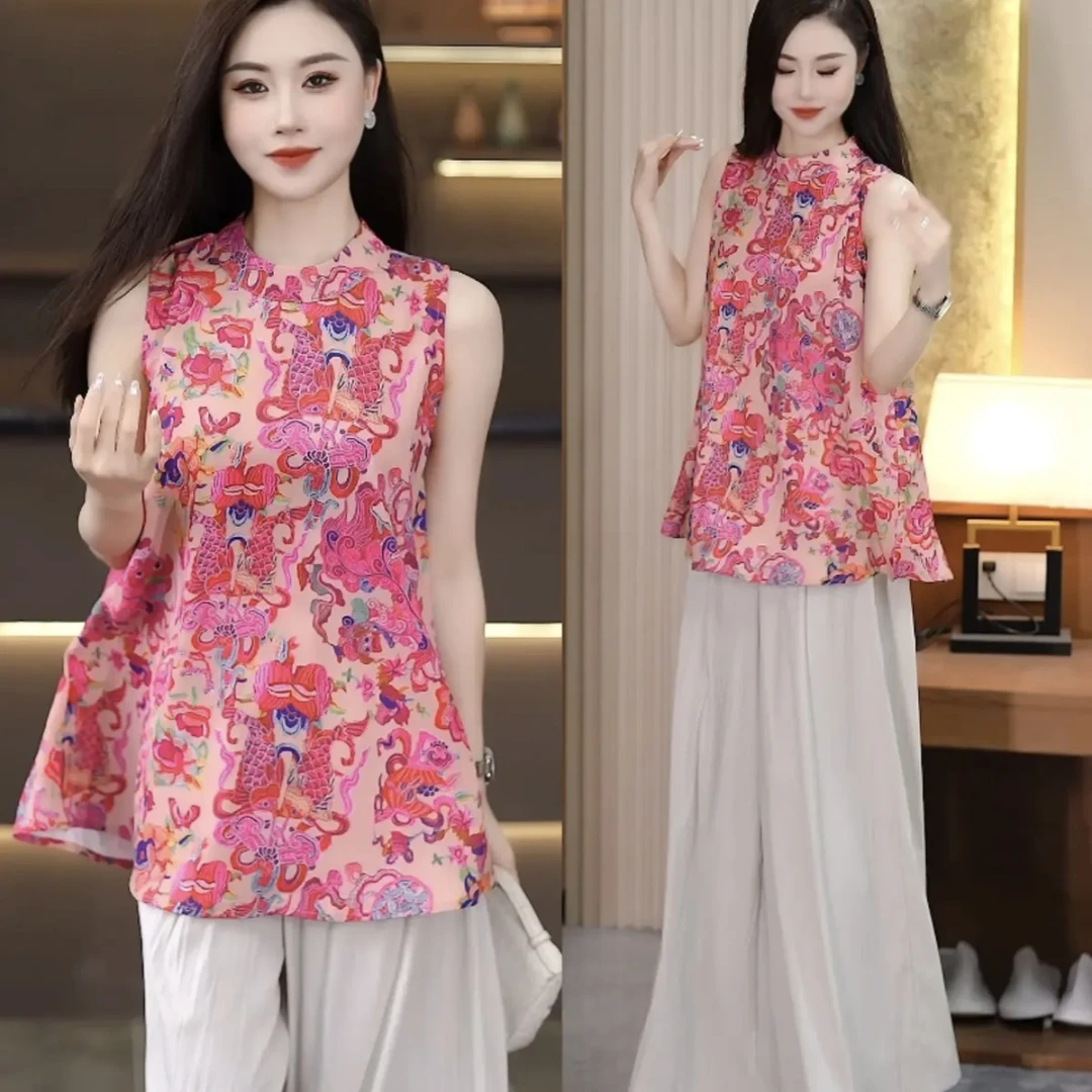 2025夏新款新中式风印花无袖背心套装女时尚休闲宽松阔腿裤两件套