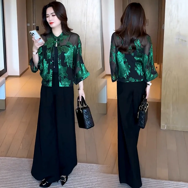 新中式国风套装女2025春季新款轻薄提花开衫防晒衬衫阔腿裤两件套