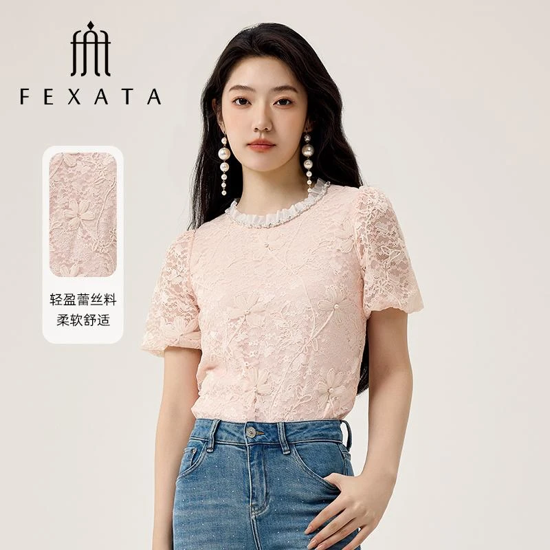 【老板娘夏天】FEXATA斐格思花朵圆领钉珠泡泡袖蕾丝衫上衣