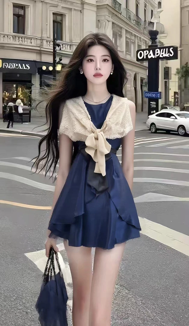 新款时尚小香风拼接小众设计圆领短袖高腰连衣裙女显瘦气质短裙