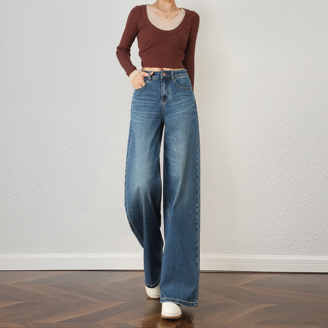 优品前线浅复古蓝阔腿牛仔裤女2025年秋季新款高腰垂感宽松直筒裤