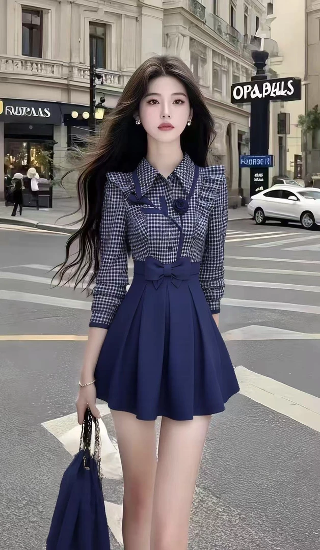 时尚新款休闲通勤风深蓝色翻领长袖收腰拼接连衣裙女显瘦气质短裙