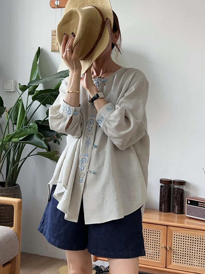 国风刺绣棉麻长袖防晒衬衫2025新款秋装宽松休闲百搭亚麻衬衣上衣