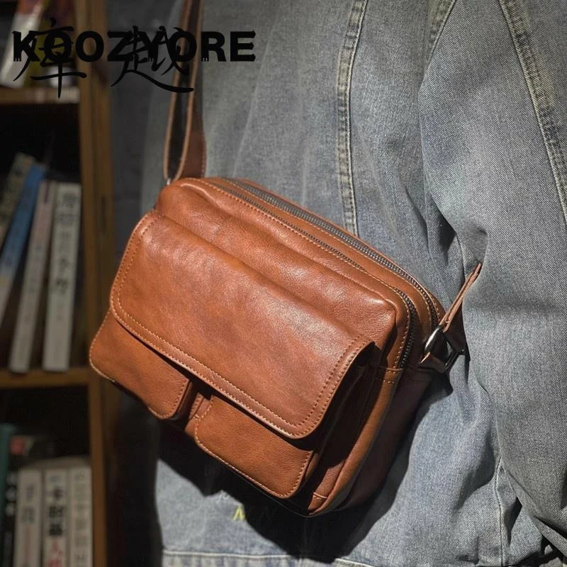 手工植鞣牛皮斜挎包男士横款男包复古单肩男士通勤15头层牛皮男包