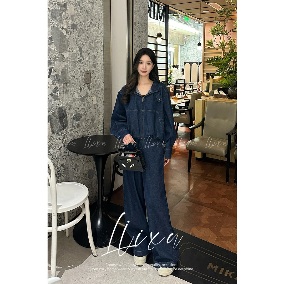 Liixu复古牛仔外套女春季2025新款休闲夹克长裤两件套装L51TZ017