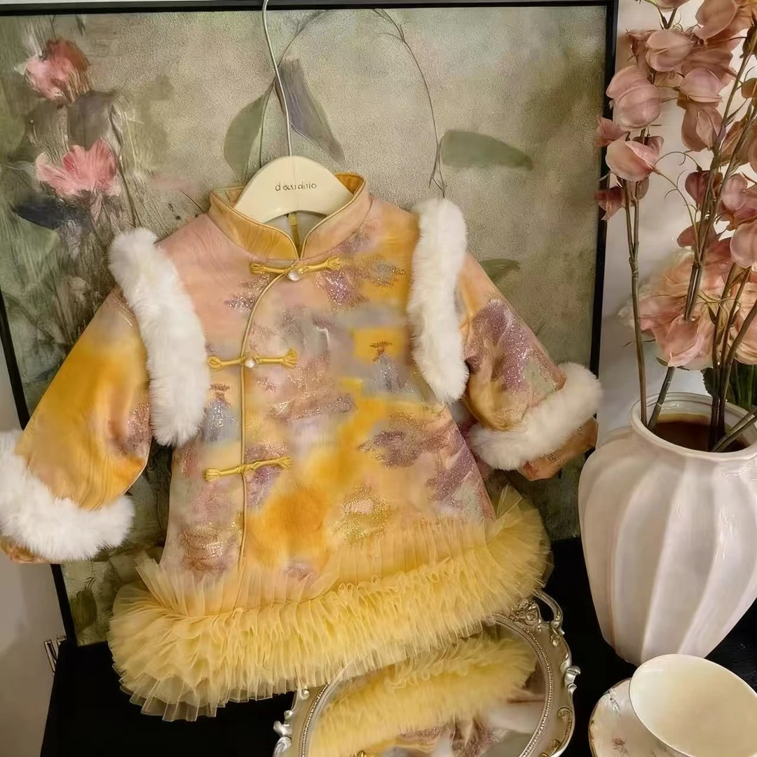汉服宝宝加绒冬款拜年服周岁生日唐装中国风连衣裙旗袍套装新中式