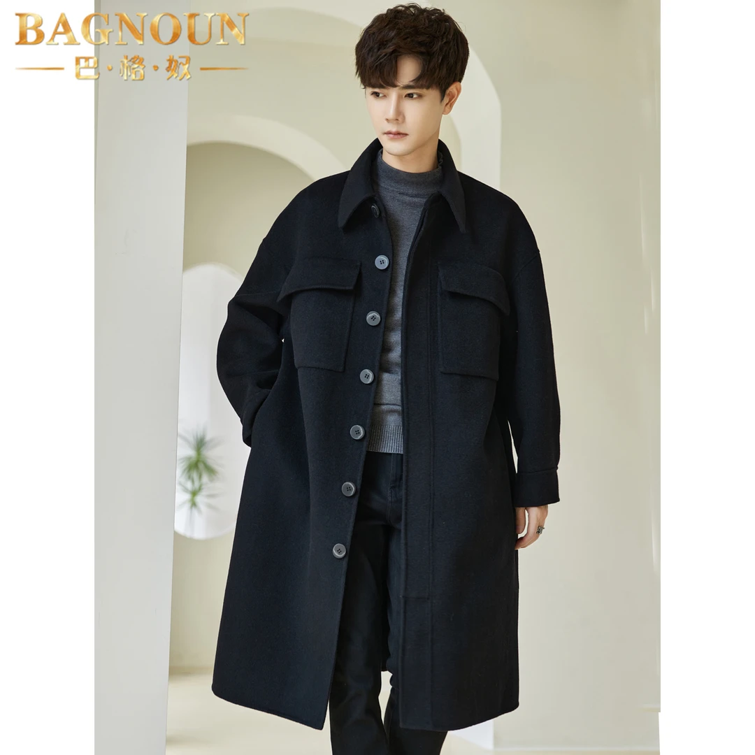 巴格奴毛呢大衣男士秋冬季新款时尚高端翻领中长款羊毛双面呢外套