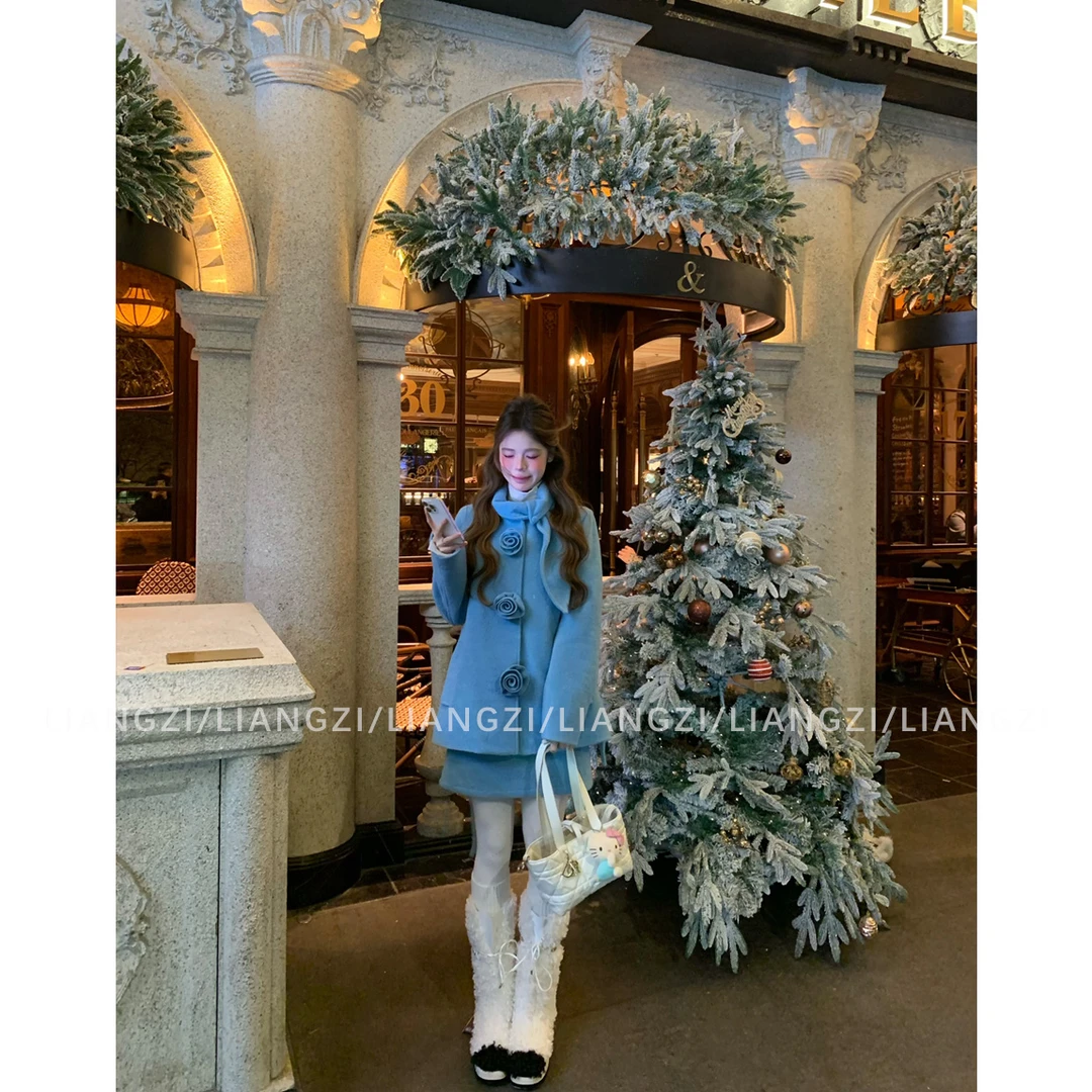 梁子【雪境蓝屿 】A字版收腰半身裙/围脖领立体花羽绒服